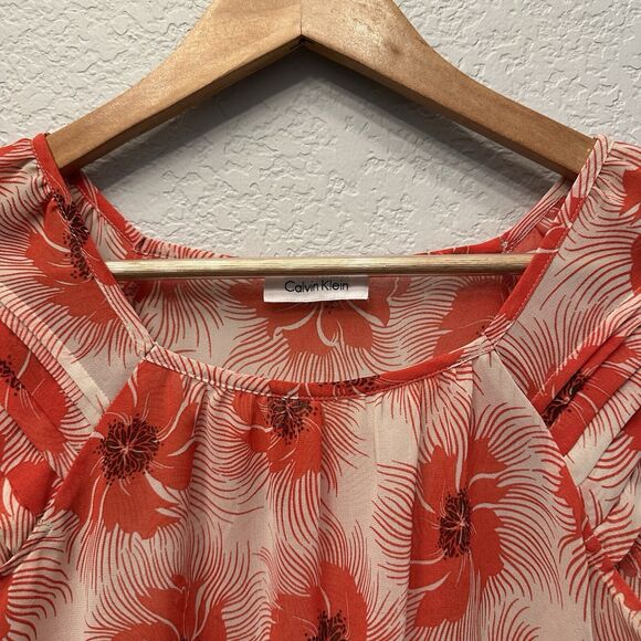 Flutter Sleeve Floral Calvin Klein Top Semi Sheer Casual Office Party Chic Sz S - Picture 3 of 6